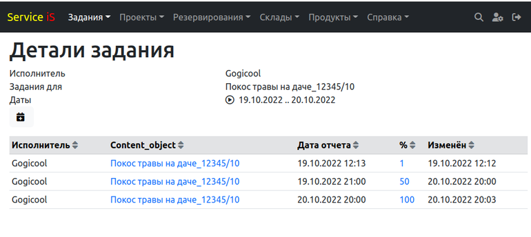 Отчеты по сервисному заданию